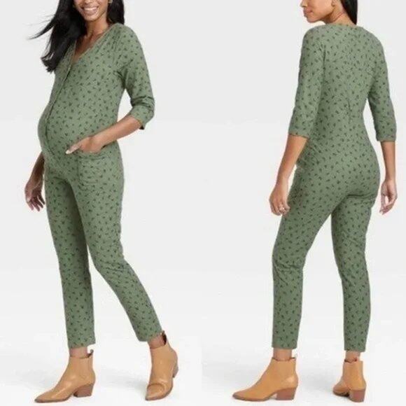 The Nines by HATCH Maternity 3/4 Sleeve Jumpsuit Floral Olive Green Small NEW - Picture 1 of 9